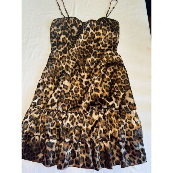 Taboo Leopard Print Ruffle Hem Mini Dress Brown Size M Summer Adjustable Straps - Picture 3 of 4